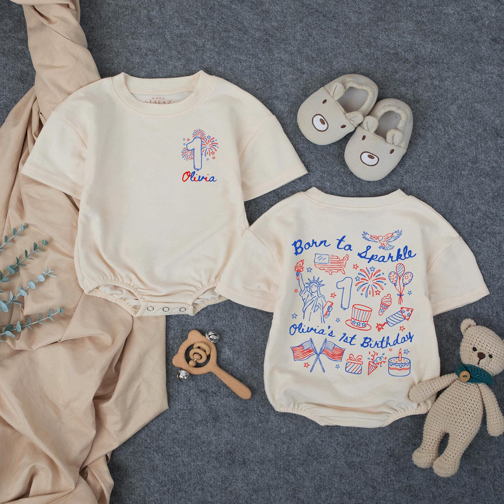 Personalized Born to Sparkle 1st Birthday Outfit for Baby Girl, Red White Blue Romper with Fireworks Design, Olivia's First Birthday Shirt