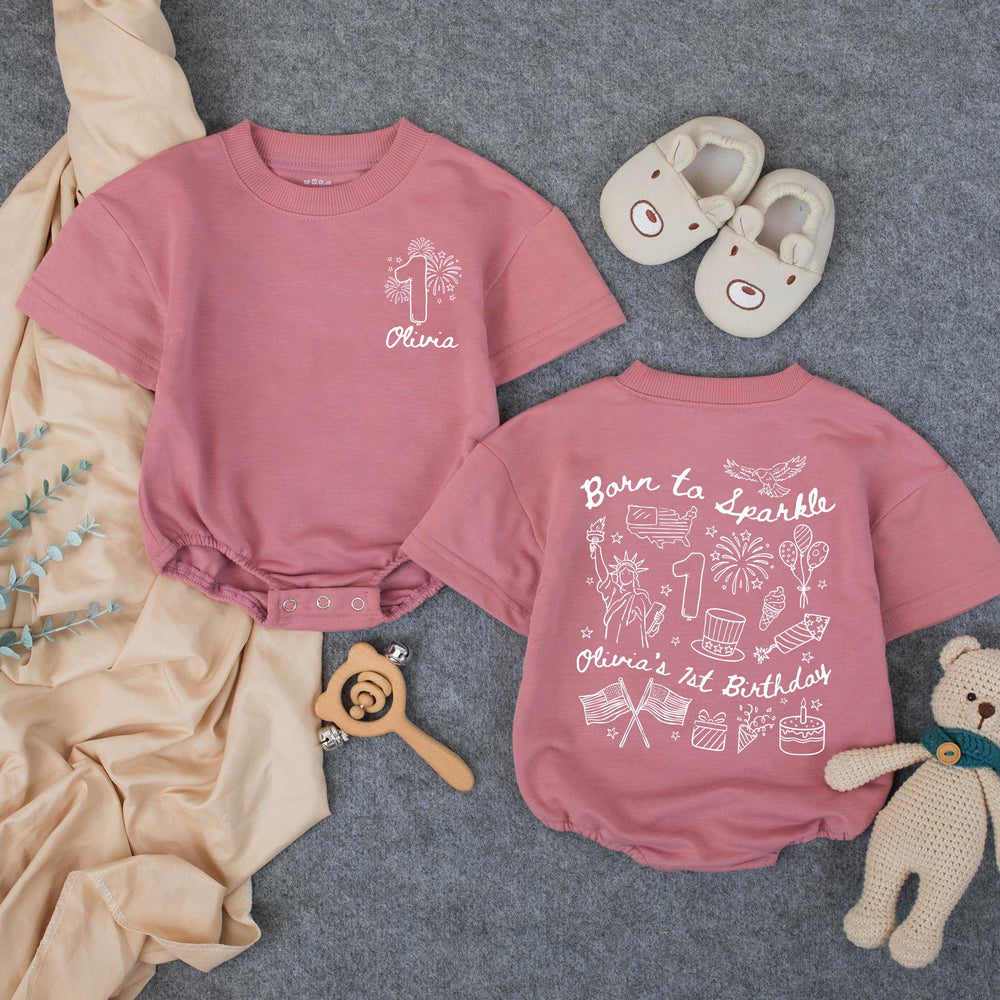 Personalized Born to Sparkle 1st Birthday Outfit for Baby Girl, Red White Blue Romper with Fireworks Design, Olivia's First Birthday Shirt
