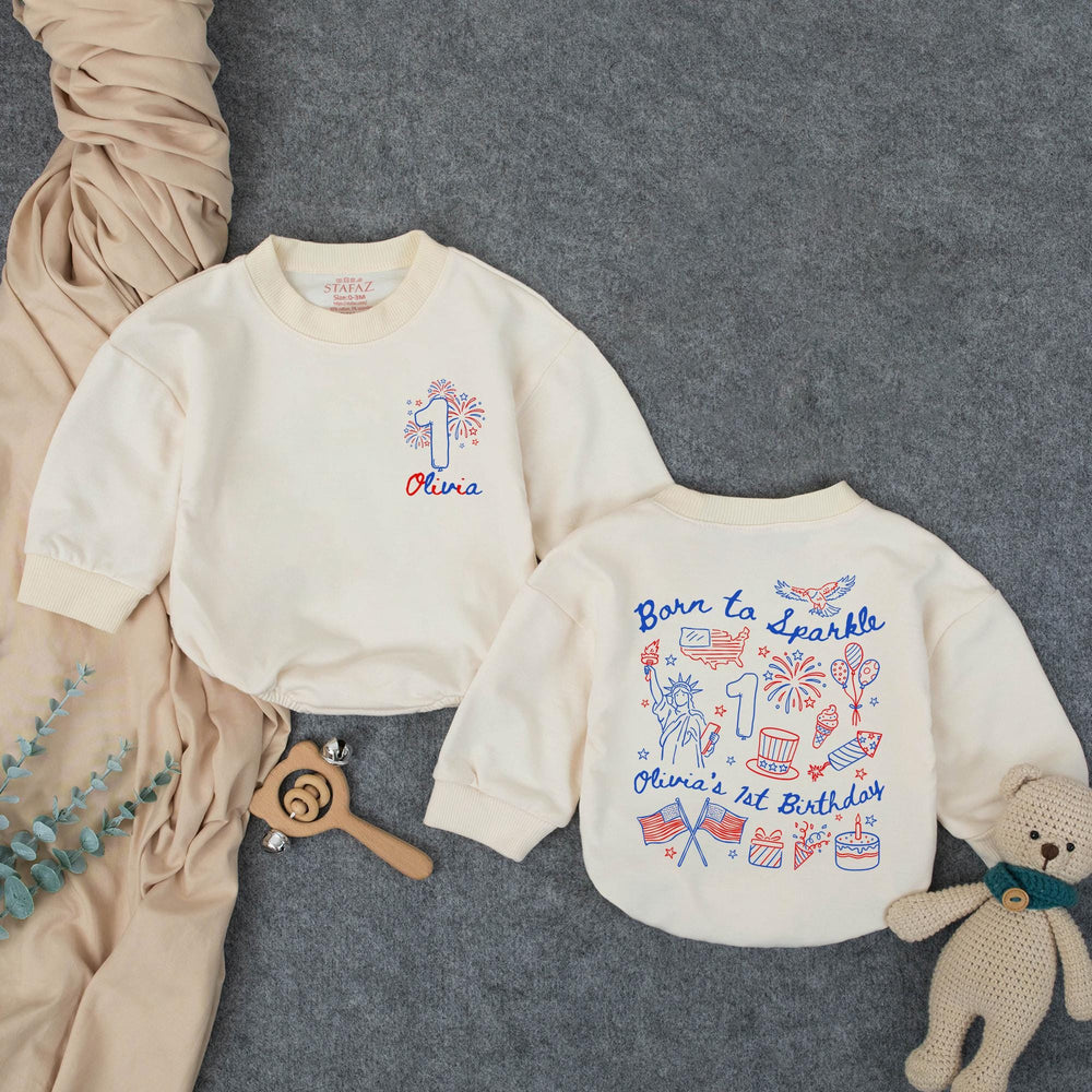 Personalized Born to Sparkle 1st Birthday Outfit for Baby Girl, Red White Blue Romper with Fireworks Design, Olivia's First Birthday Shirt