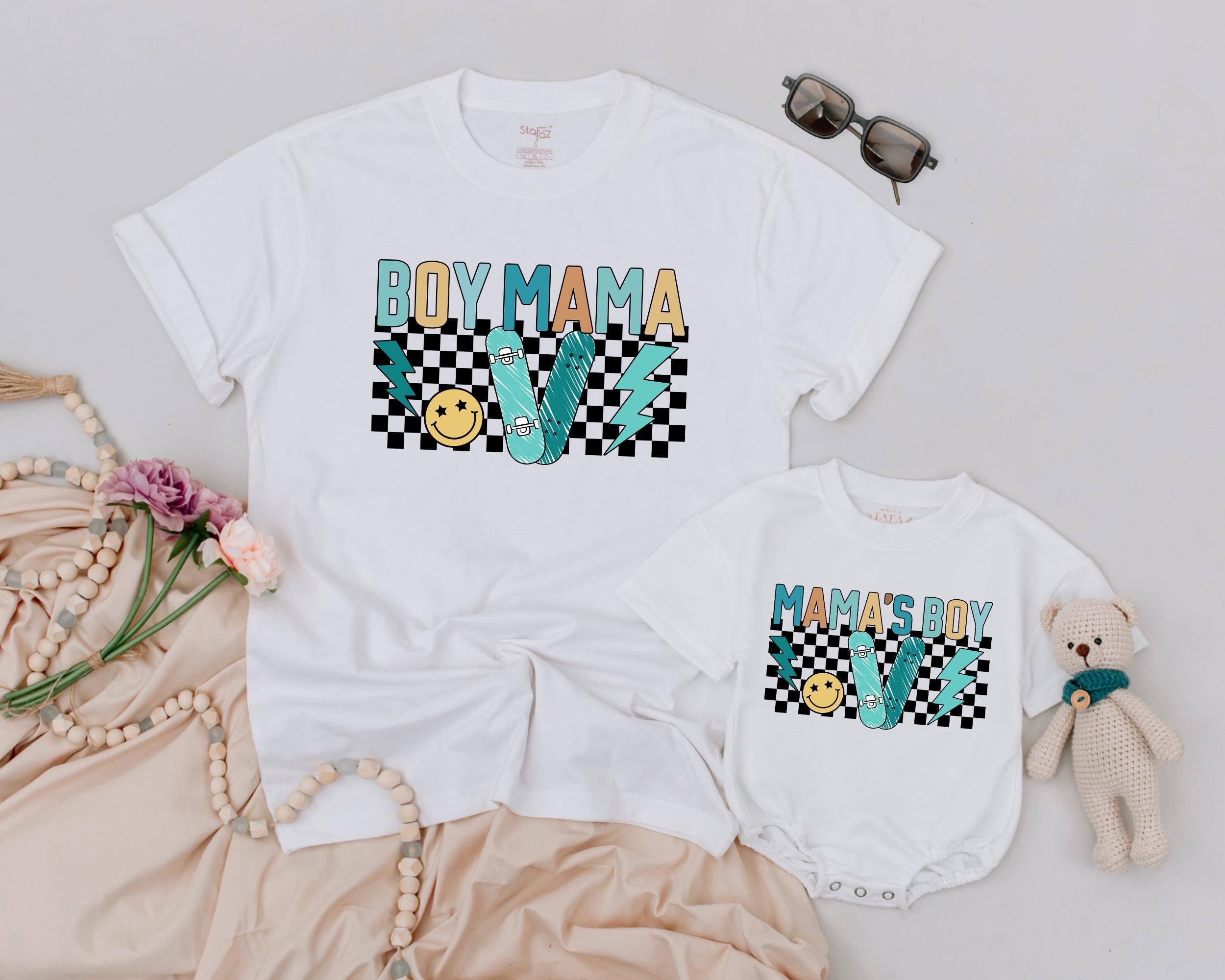 Personalized Boy Mama and Baby Boy Matching Outfits Checkered Retro Design with Smiley Face Family Gift