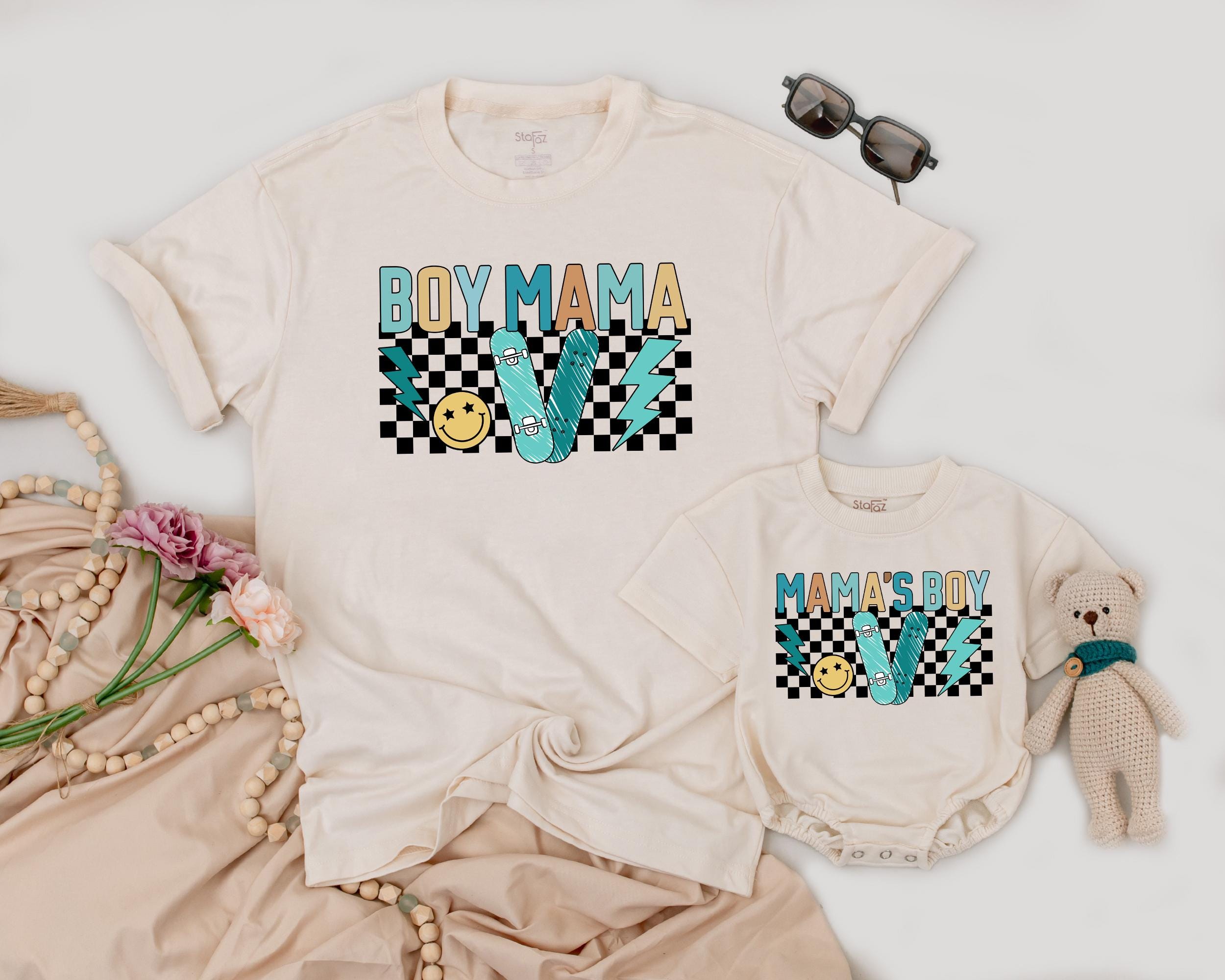 Personalized Boy Mama and Baby Boy Matching Outfits Checkered Retro Design with Smiley Face Family Gift