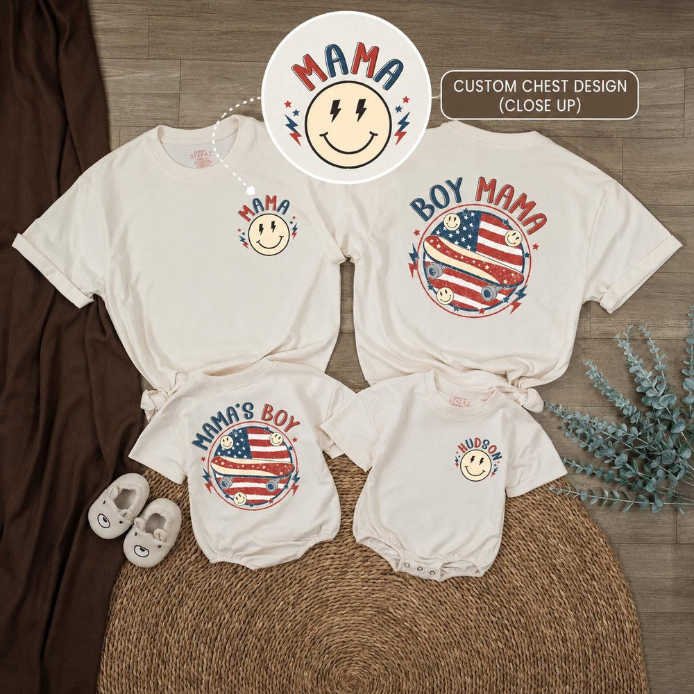 Personalized Boy Mom Shirt and Baby Boy Outfit with Retro American Flag Design Patriotic 4th of July Matching Family Clothes Gift