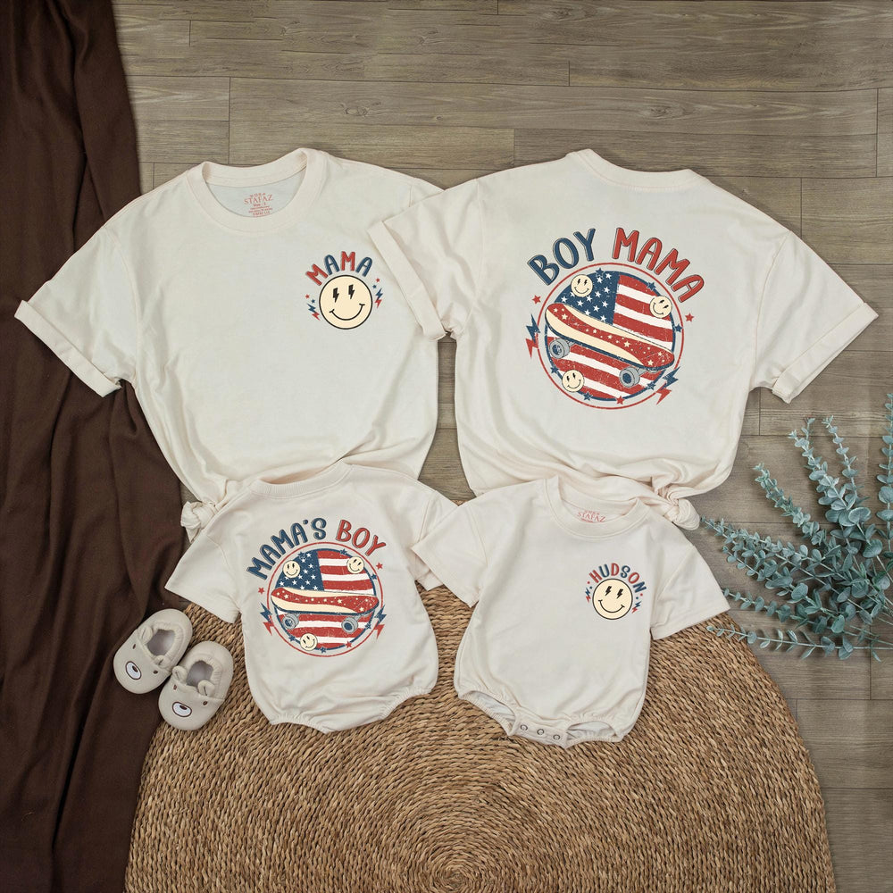 Personalized Boy Mom Shirt and Baby Boy Outfit with Retro American Flag Design Patriotic 4th of July Matching Family Clothes Gift