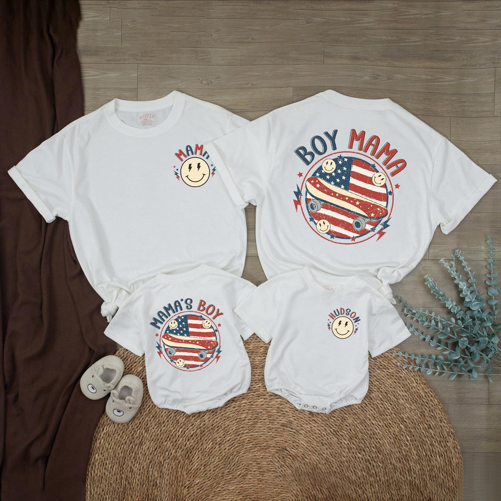 Personalized Boy Mom Shirt and Baby Boy Outfit with Retro American Flag Design Patriotic 4th of July Matching Family Clothes Gift