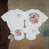 Personalized Boy Mom Shirt and Baby Boy Outfit with Retro American Flag Design Patriotic 4th of July Matching Family Clothes Gift