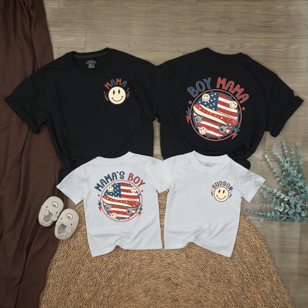 Personalized Boy Mom Shirt and Baby Boy Outfit with Retro American Flag Design Patriotic 4th of July Matching Family Clothes Gift