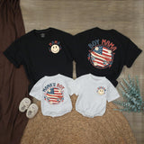 Personalized Boy Mom Shirt and Baby Boy Outfit with Retro American Flag Design Patriotic 4th of July Matching Family Clothes Gift