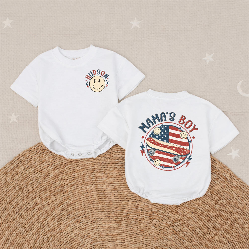 Personalized Boy Mom Shirt and Baby Boy Outfit with Retro American Flag Design Patriotic 4th of July Matching Family Clothes Gift