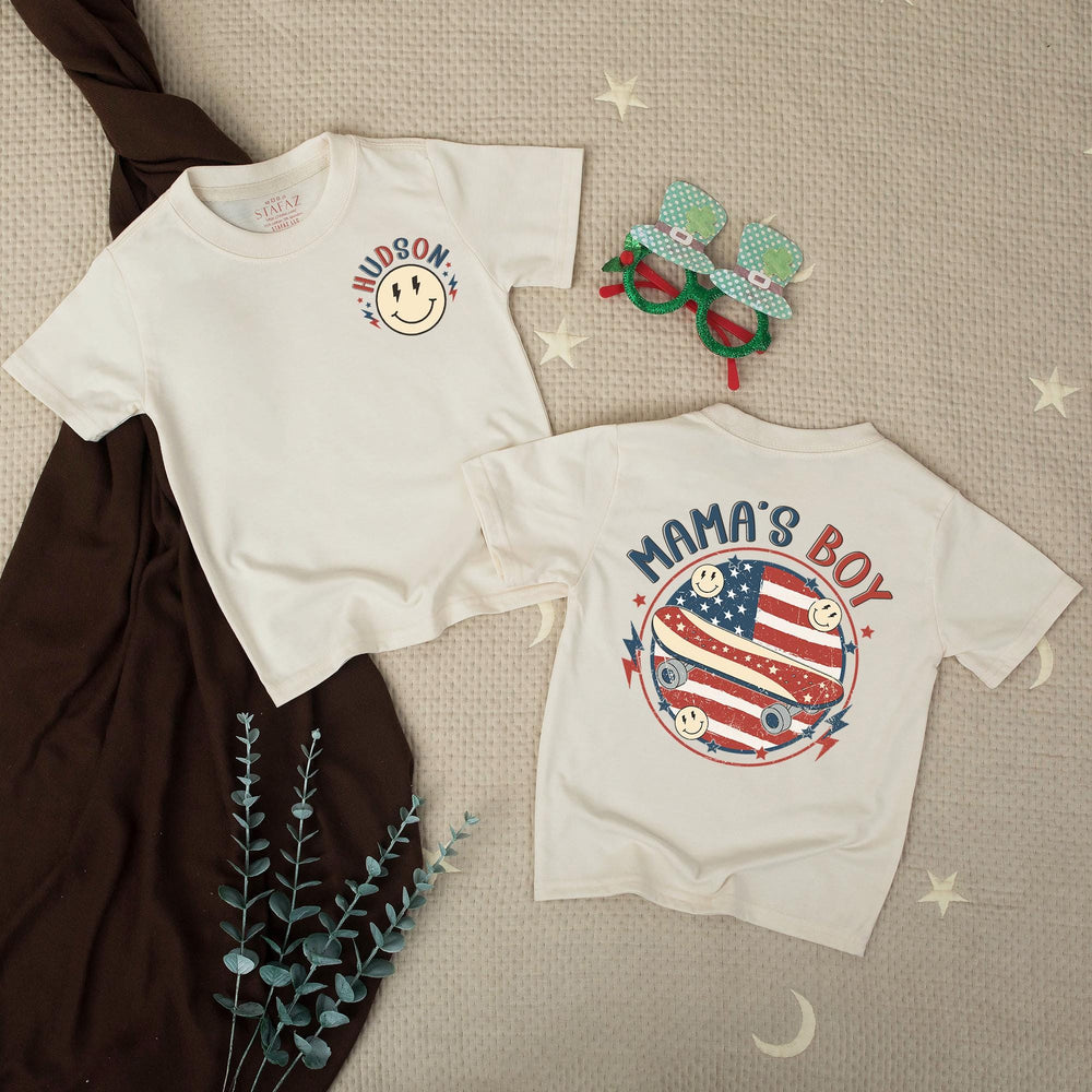 Personalized Boy Mom Shirt and Baby Boy Outfit with Retro American Flag Design Patriotic 4th of July Matching Family Clothes Gift