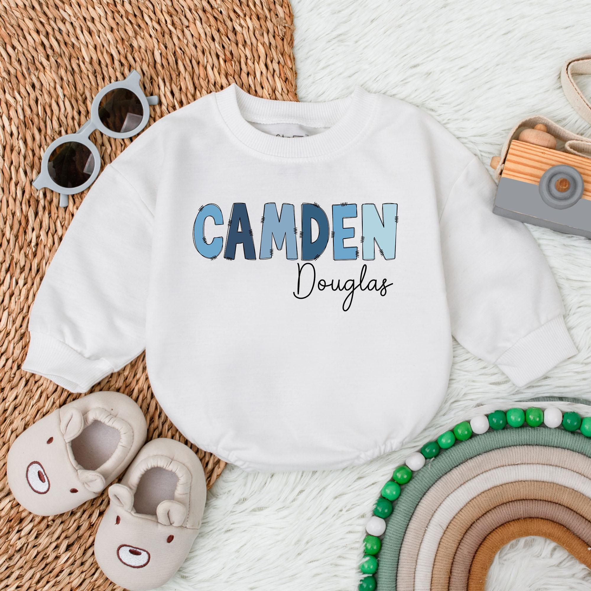 Personalized Boys Bubble Romper with Camden Design Soft Cotton Baby Gift for Birthday or Holiday Stylish Blue Gradient Name Tee