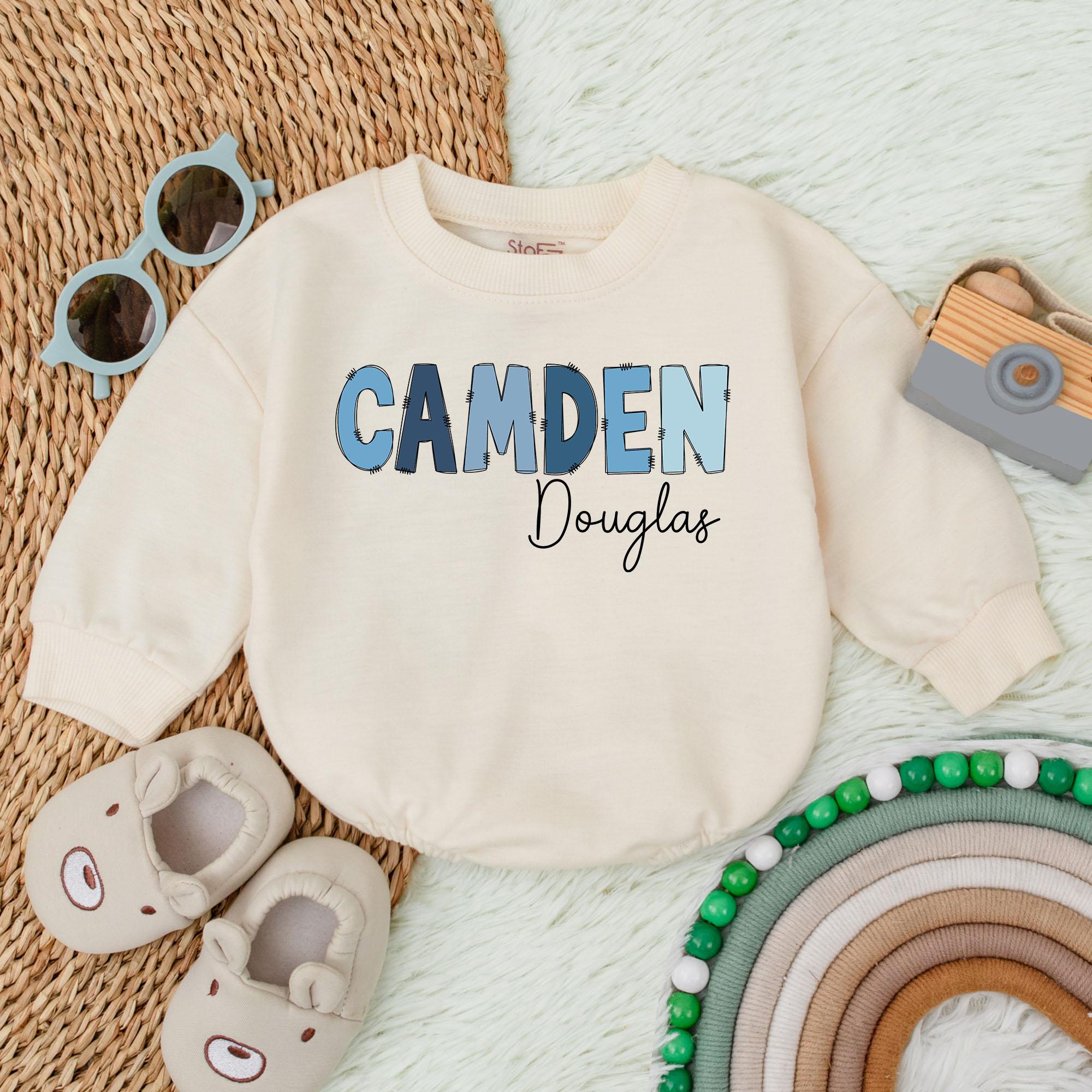 Personalized Boys Bubble Romper with Camden Design Soft Cotton Baby Gift for Birthday or Holiday Stylish Blue Gradient Name Tee