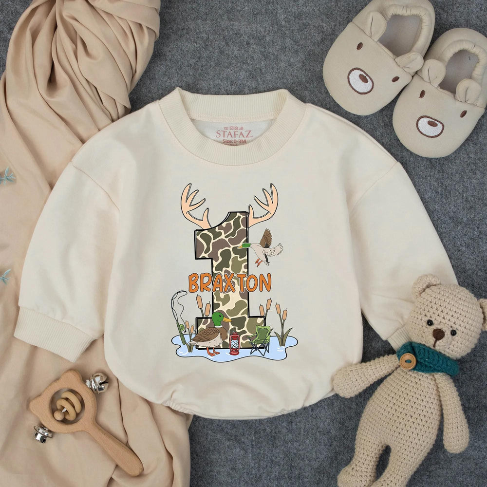 Personalized Boy's Hunting and Fishing Birthday Romper with Camo Duck Deer Design First Birthday Outfit Custom Southern Baby Gift