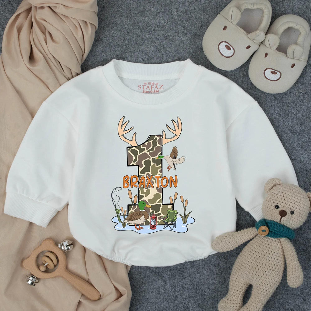 Personalized Boy's Hunting and Fishing Birthday Romper with Camo Duck Deer Design First Birthday Outfit Custom Southern Baby Gift