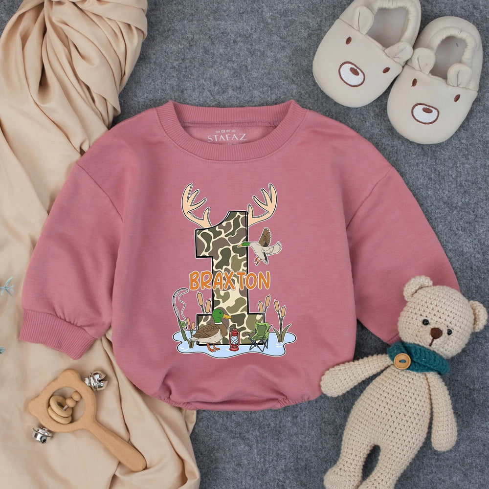 Personalized Boy's Hunting and Fishing Birthday Romper with Camo Duck Deer Design First Birthday Outfit Custom Southern Baby Gift