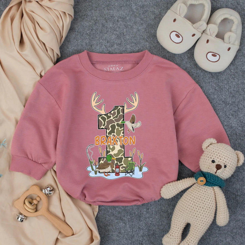 Personalized Boy's Hunting and Fishing Birthday Romper with Camo Duck Deer Design First Birthday Outfit Custom Southern Baby Gift