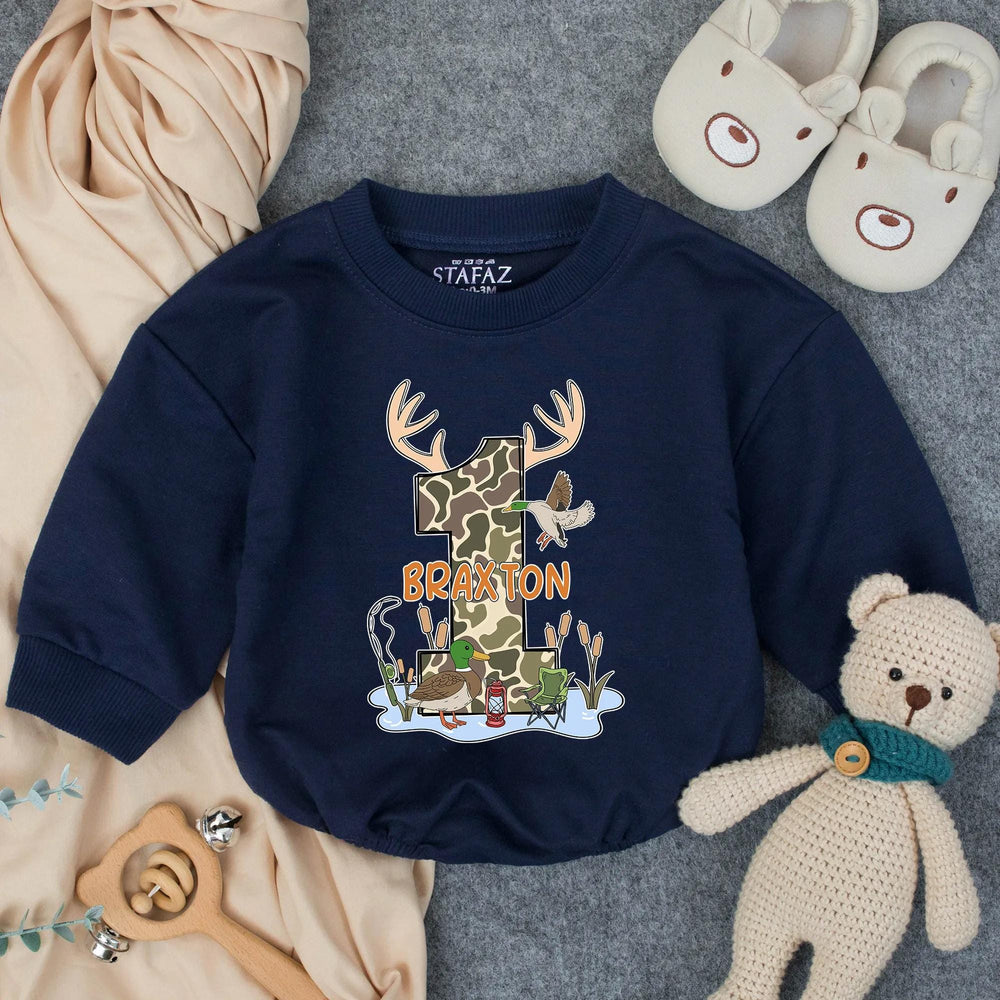 Personalized Boy's Hunting and Fishing Birthday Romper with Camo Duck Deer Design First Birthday Outfit Custom Southern Baby Gift