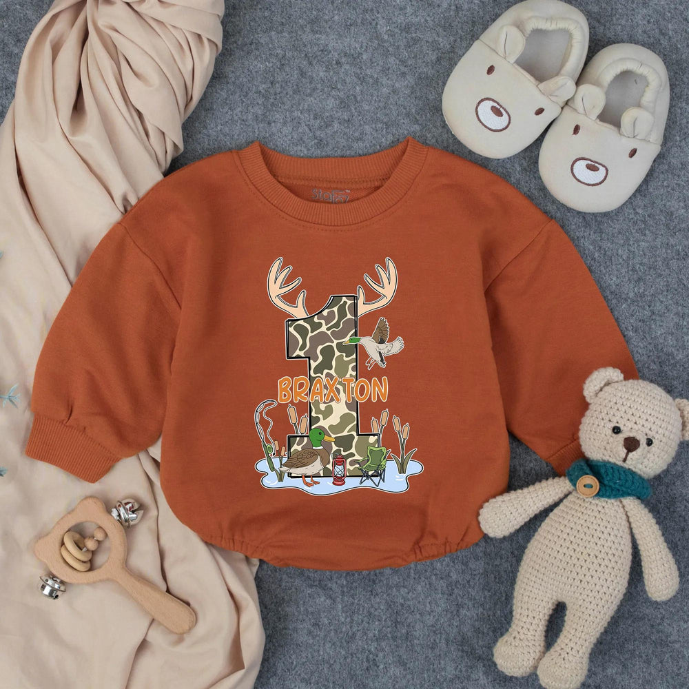 Personalized Boy's Hunting and Fishing Birthday Romper with Camo Duck Deer Design First Birthday Outfit Custom Southern Baby Gift