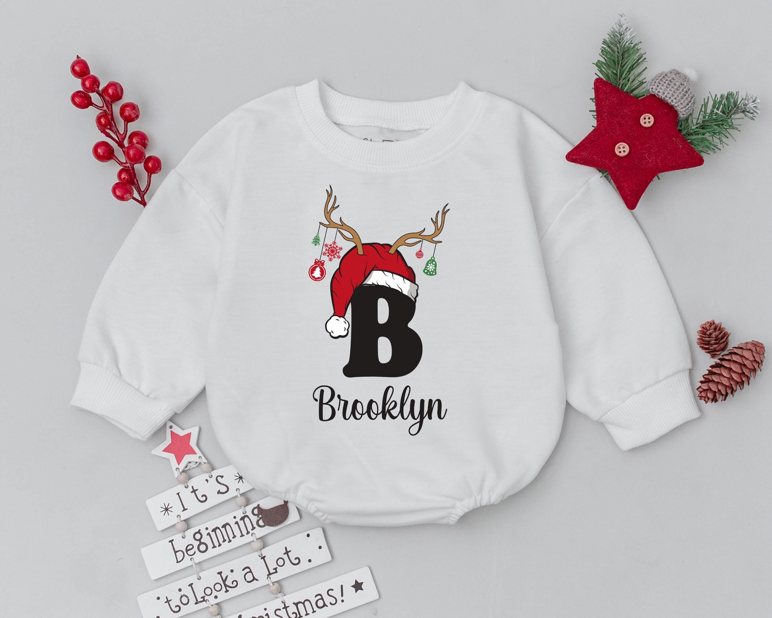 Personalized Brooklyn Baby Romper Holiday Outfit with Santa Hat Antlers Ornaments First Christmas Infant Toddler Soft Cotton Bodysuit
