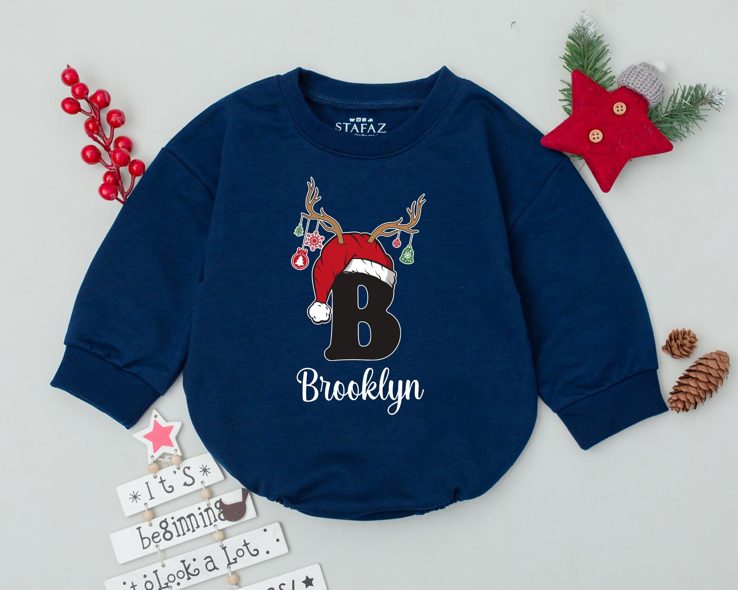 Personalized Brooklyn Baby Romper Holiday Outfit with Santa Hat Antlers Ornaments First Christmas Infant Toddler Soft Cotton Bodysuit
