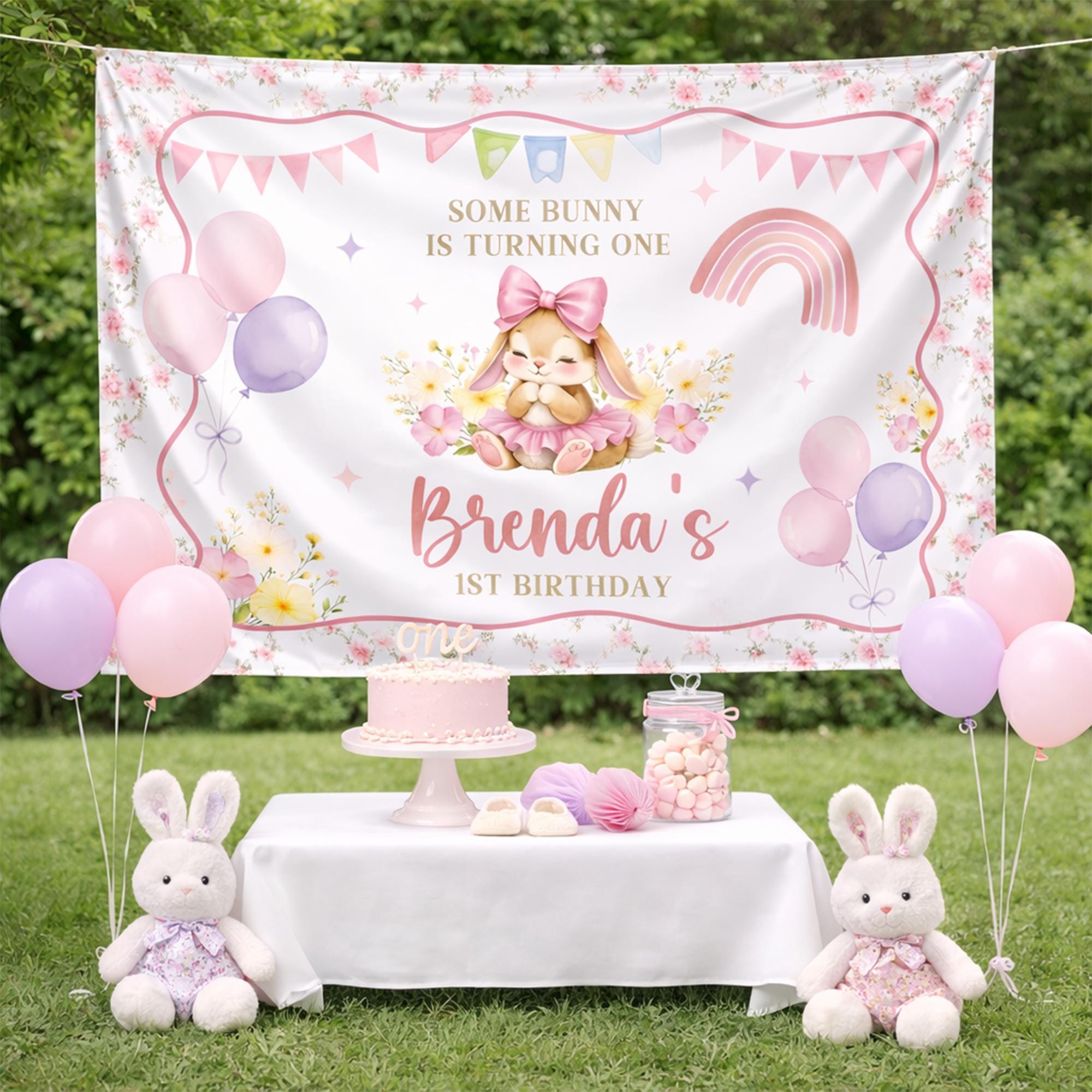 Personalized Bunny 1st Birthday Banner Custom Party Backdrop Pink Tutu Design with Floral Accents for Baby Girl Celebration Decor