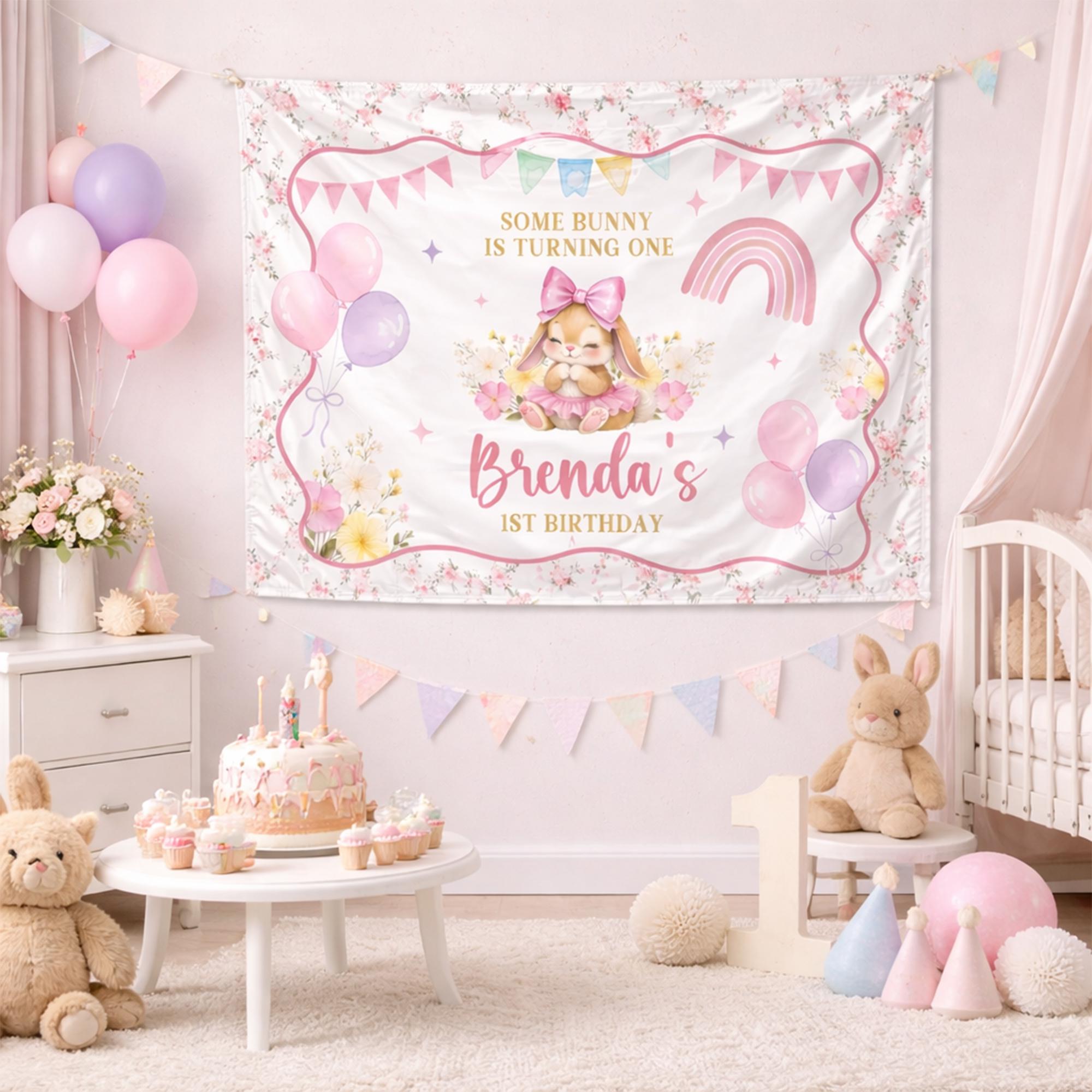 Personalized Bunny 1st Birthday Banner Custom Party Backdrop Pink Tutu Design with Floral Accents for Baby Girl Celebration Decor