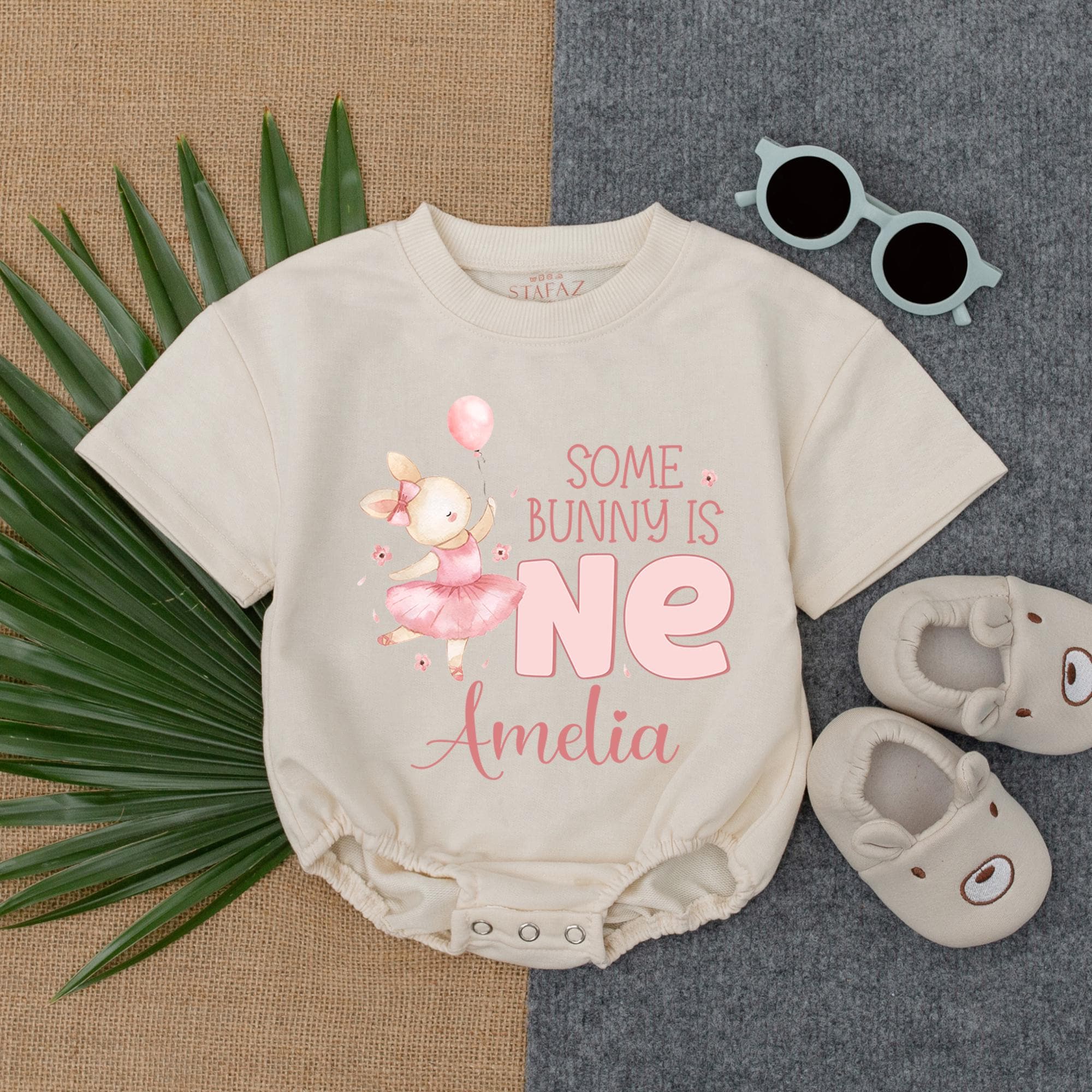 Personalized Bunny First Birthday Romper with Pink Balloons Soft Cotton Baby Outfit for Girls Custom Name Celebration Gift