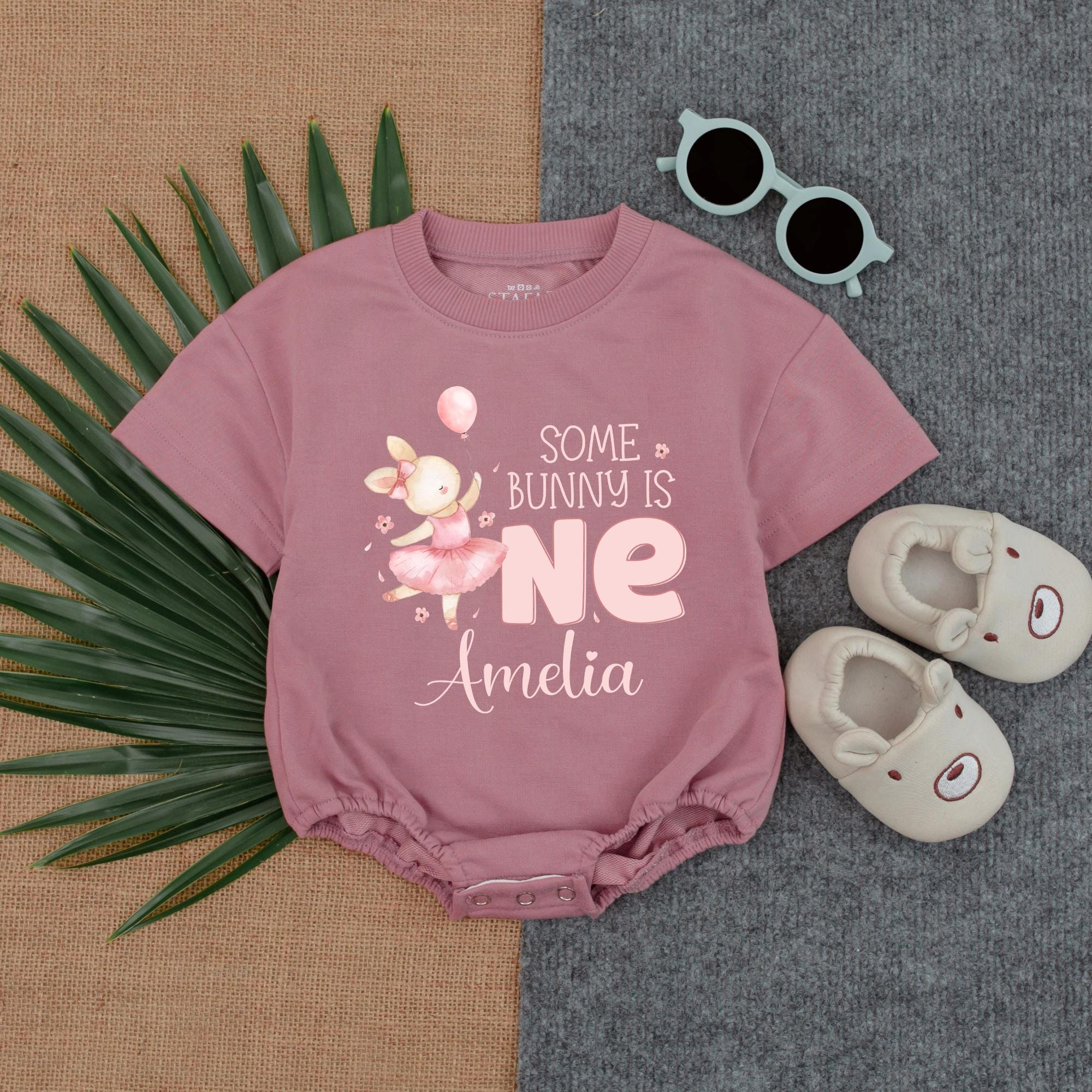 Personalized Bunny First Birthday Romper with Pink Balloons Soft Cotton Baby Outfit for Girls Custom Name Celebration Gift