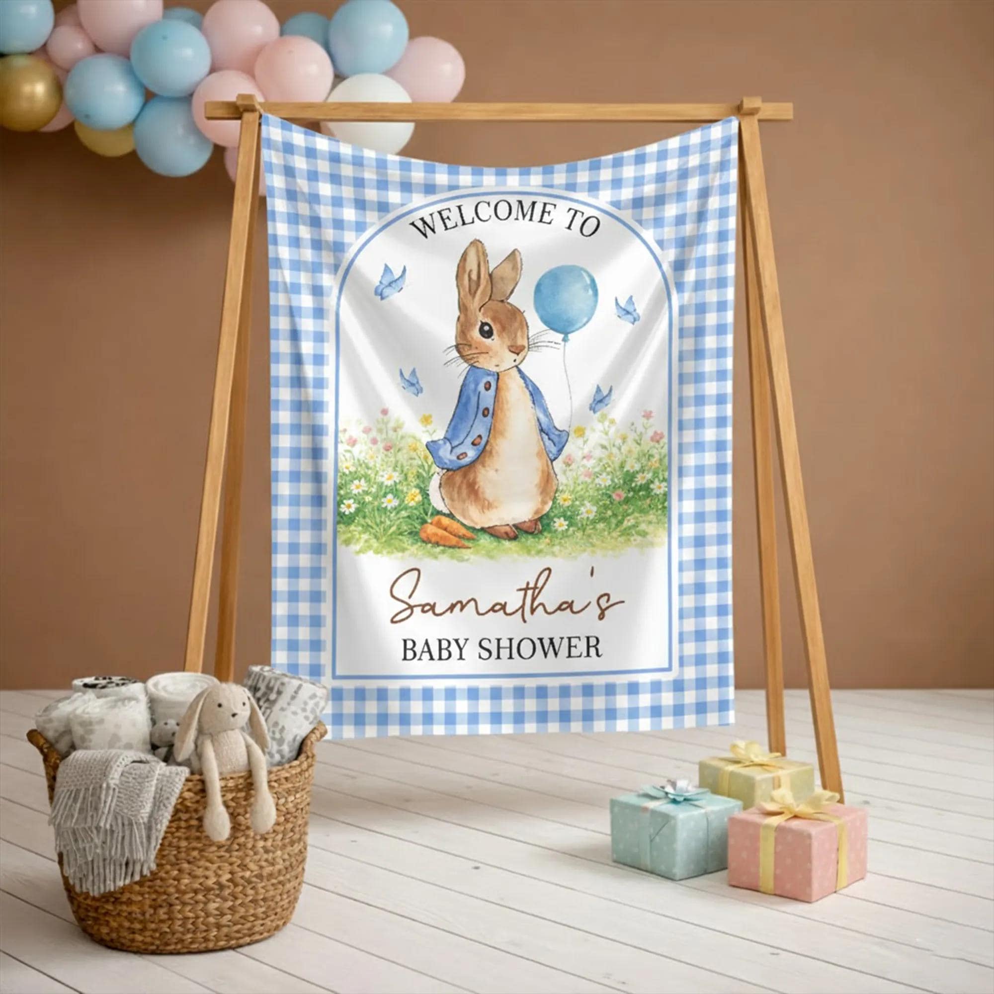 Personalized Bunny Welcome Silk Sign Watercolor Rabbit Boy Baby Shower Decor with Blue Jacket and Balloon Grassy Flower Field Design