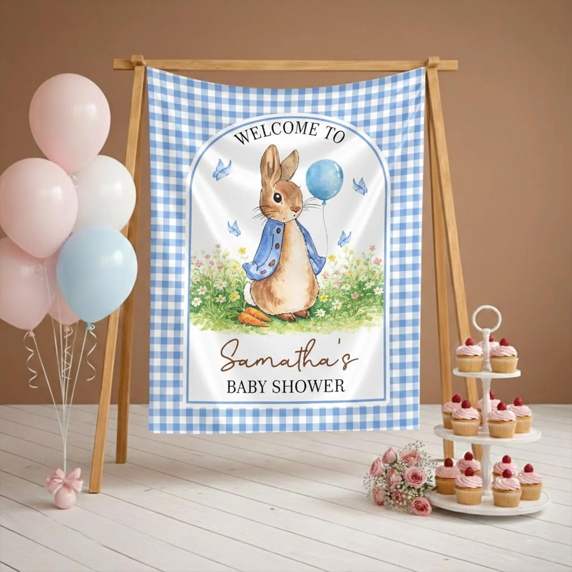 Personalized Bunny Welcome Silk Sign Watercolor Rabbit Boy Baby Shower Decor with Blue Jacket and Balloon Grassy Flower Field Design