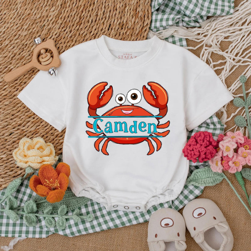 Personalized Camden Crab Baby Romper Nautical Infant Outfit Summer Gift Unisex Beach Clothes Red Orange Fun Design Cotton Bodysuit
