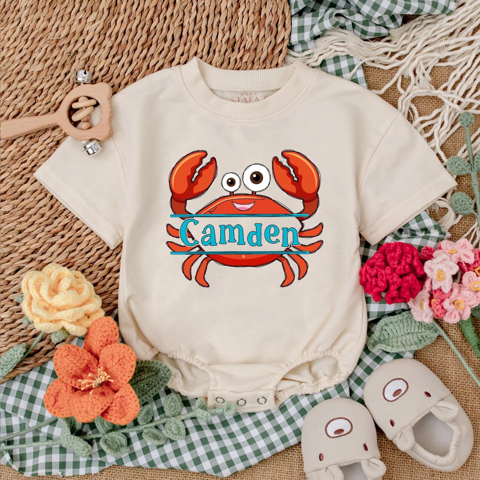 Personalized Camden Crab Baby Romper Nautical Infant Outfit Summer Gift Unisex Beach Clothes Red Orange Fun Design Cotton Bodysuit