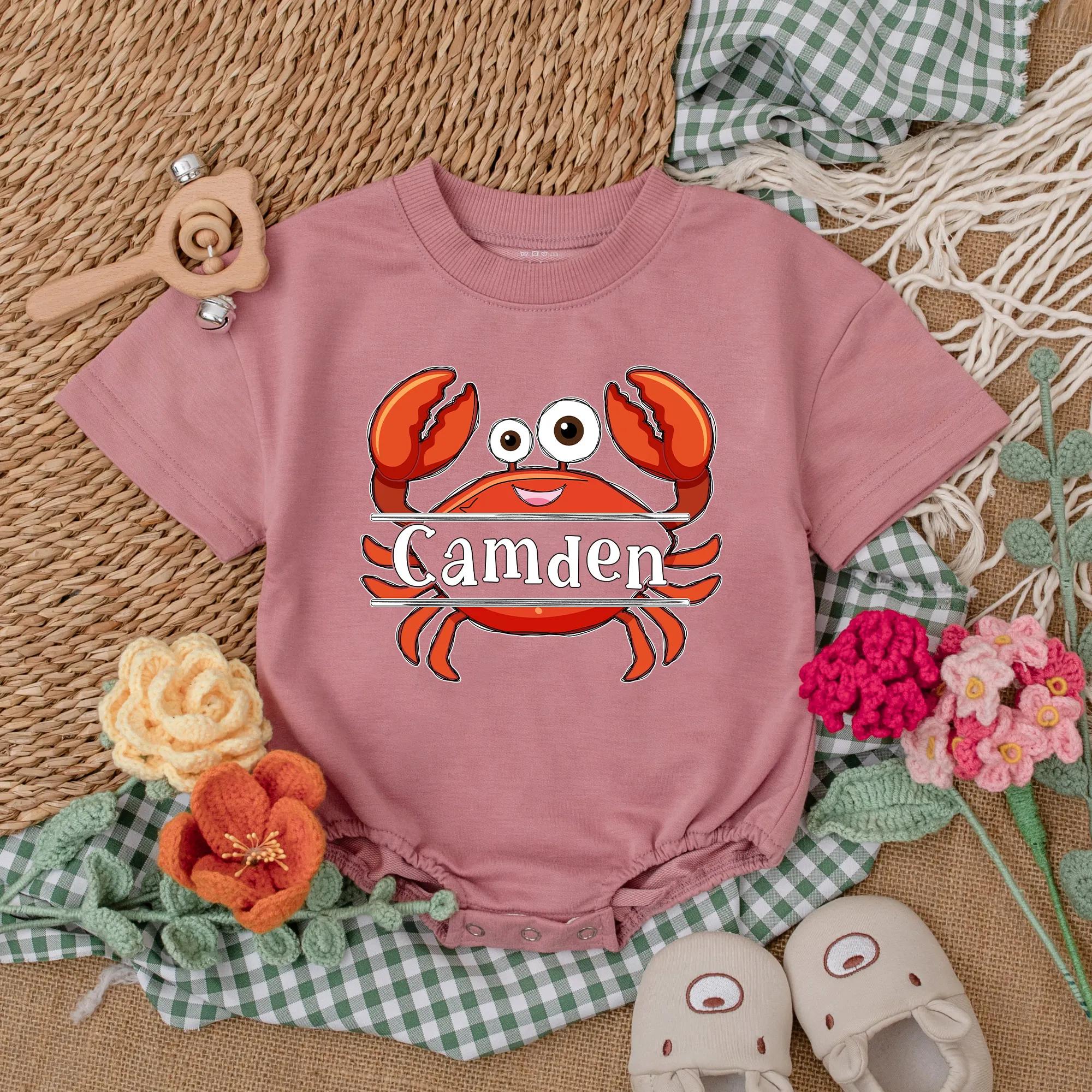Personalized Camden Crab Baby Romper Nautical Infant Outfit Summer Gift Unisex Beach Clothes Red Orange Fun Design Cotton Bodysuit
