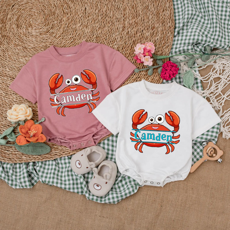 Personalized Camden Crab Baby Romper Nautical Infant Outfit Summer Gift Unisex Beach Clothes Red Orange Fun Design Cotton Bodysuit
