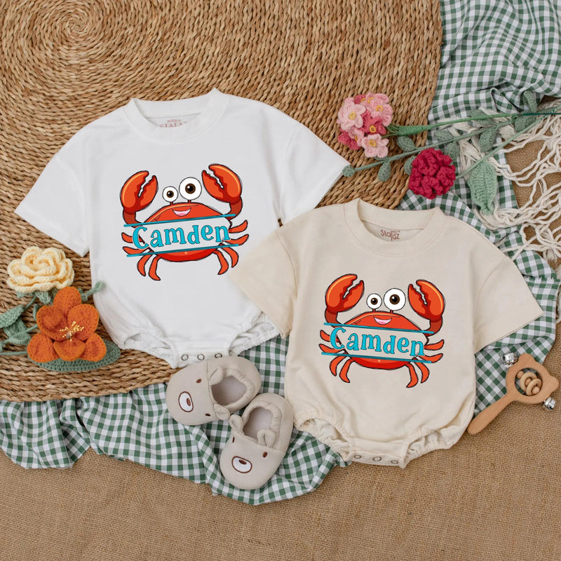 Personalized Camden Crab Baby Romper Nautical Infant Outfit Summer Gift Unisex Beach Clothes Red Orange Fun Design Cotton Bodysuit