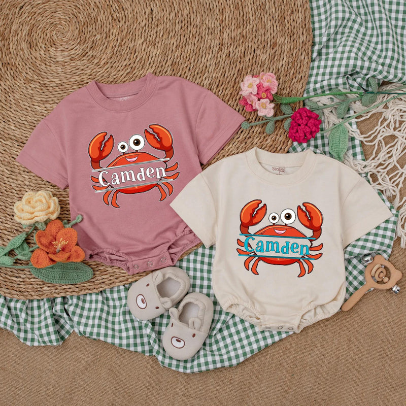 Personalized Camden Crab Baby Romper Nautical Infant Outfit Summer Gift Unisex Beach Clothes Red Orange Fun Design Cotton Bodysuit