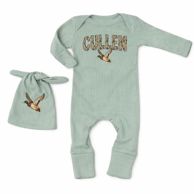 Personalized Camo Baby Bodysuit with Mallard Duck Design Rustic Hunting Newborn Boy Outfit Custom Name Infant Coming Home Clothes