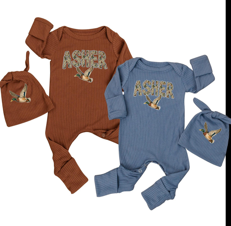 Personalized Camo Baby Bodysuit with Mallard Duck Design Rustic Hunting Newborn Boy Outfit Custom Name Infant Coming Home Clothes