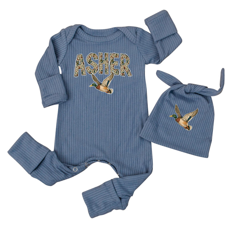 Personalized Camo Baby Bodysuit with Mallard Duck Design Rustic Hunting Newborn Boy Outfit Custom Name Infant Coming Home Clothes