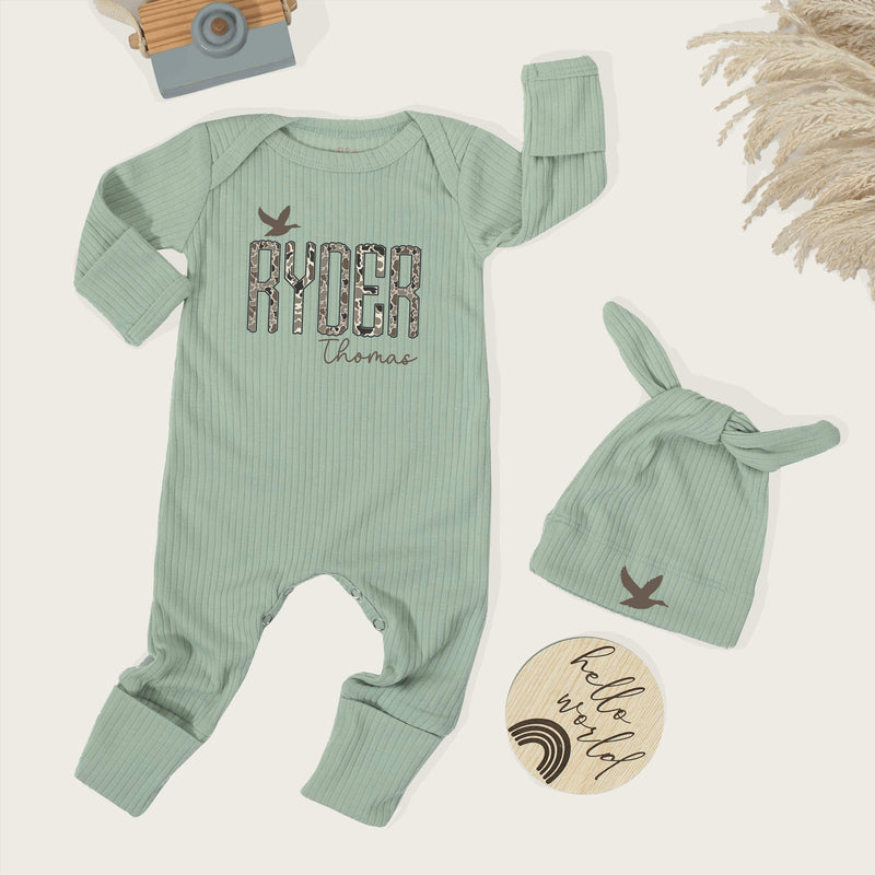 Personalized Camo Baby Boy Outfit with Name Ryder Thomas, Newborn Romper and Hat Set, Hunting Theme Coming Home or Baby Shower Gift