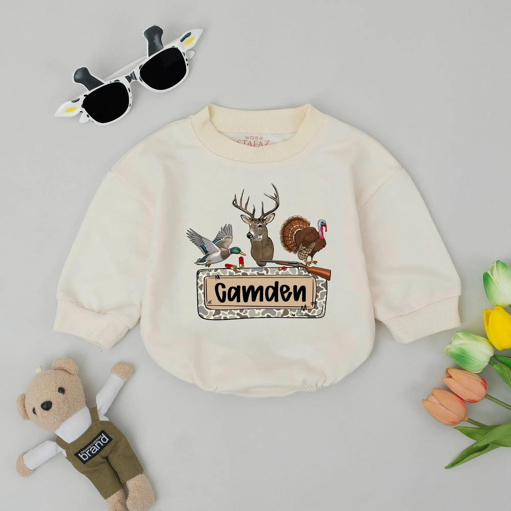 Personalized Camo Baby Romper with Deer Duck Turkey Design Hunting Outfit for Boys Soft Cotton Custom Name Outdoorsy Baby Gift