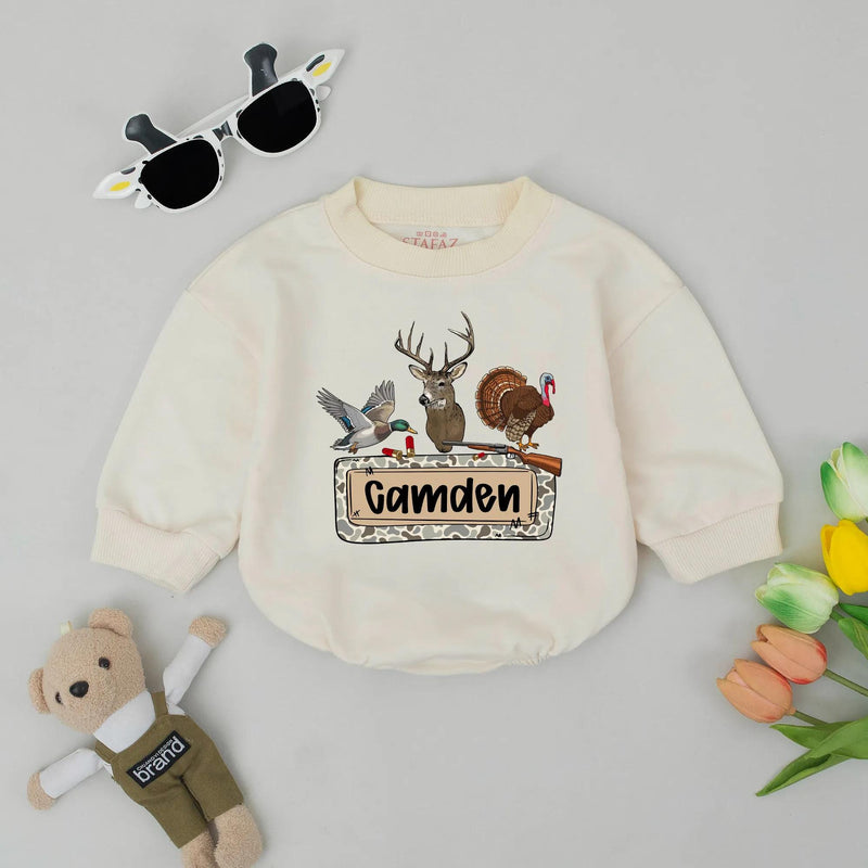 Personalized Camo Baby Romper with Deer Duck Turkey Design Hunting Outfit for Boys Soft Cotton Custom Name Outdoorsy Baby Gift