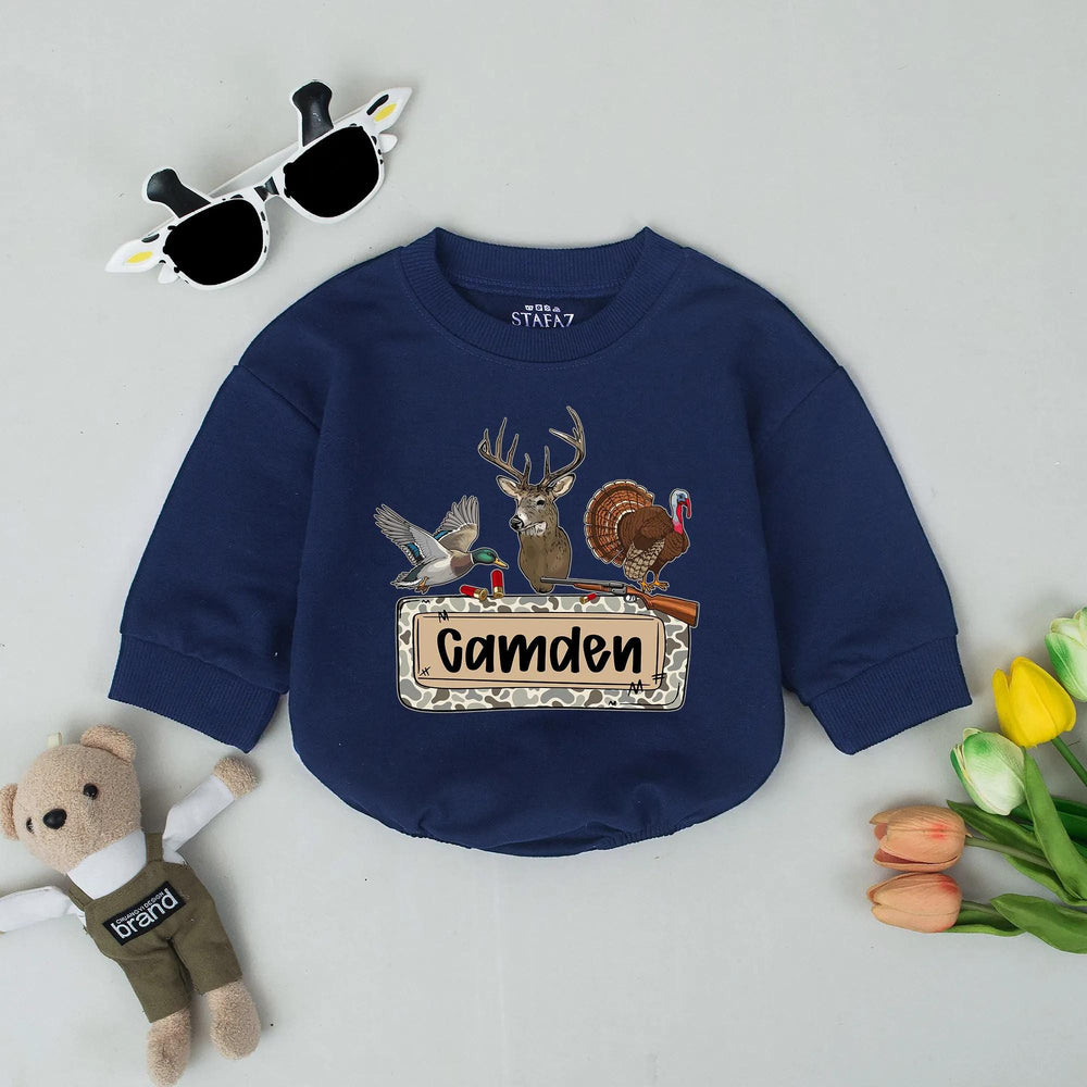Personalized Camo Baby Romper with Deer Duck Turkey Design Hunting Outfit for Boys Soft Cotton Custom Name Outdoorsy Baby Gift