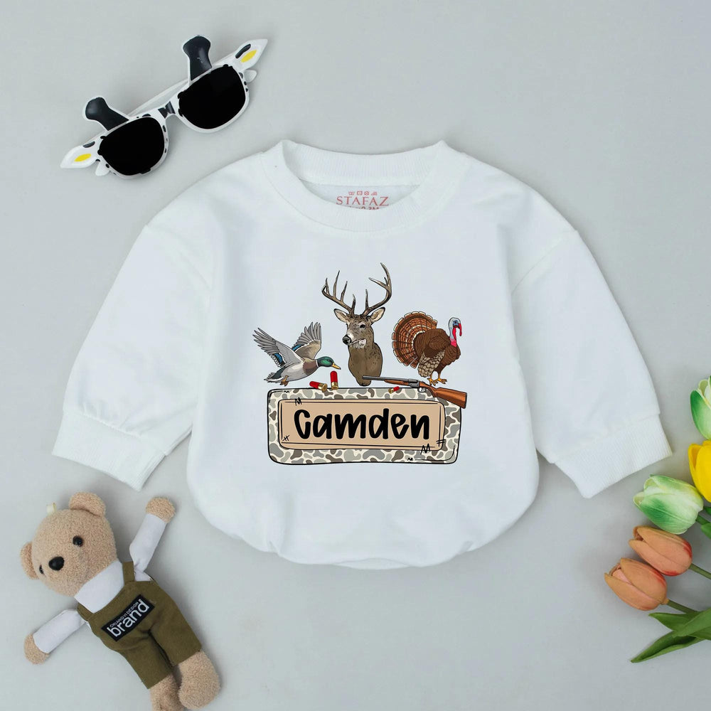 Personalized Camo Baby Romper with Deer Duck Turkey Design Hunting Outfit for Boys Soft Cotton Custom Name Outdoorsy Baby Gift