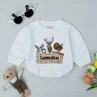 Personalized Camo Baby Romper with Deer Duck Turkey Design Hunting Outfit for Boys Soft Cotton Custom Name Outdoorsy Baby Gift