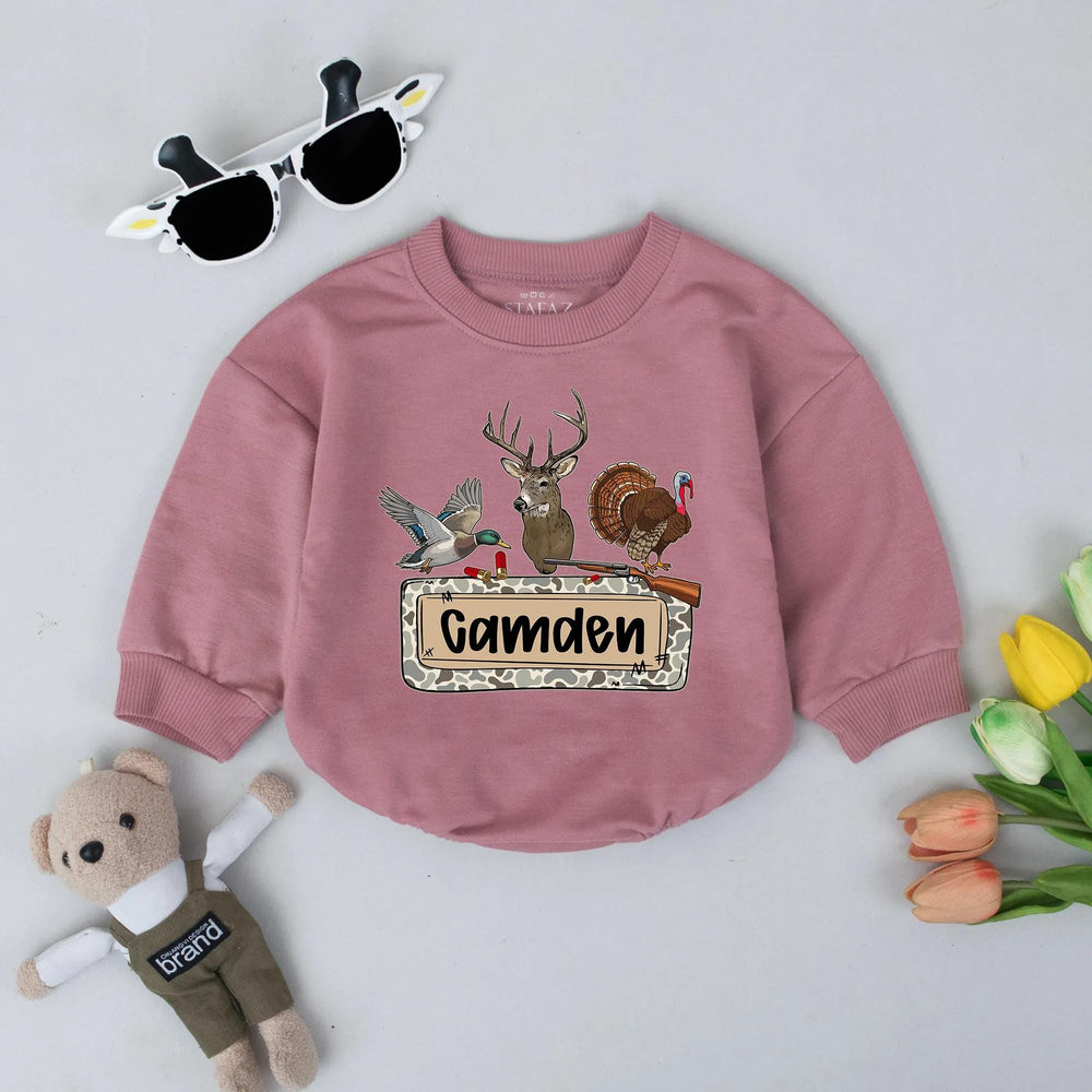 Personalized Camo Baby Romper with Deer Duck Turkey Design Hunting Outfit for Boys Soft Cotton Custom Name Outdoorsy Baby Gift