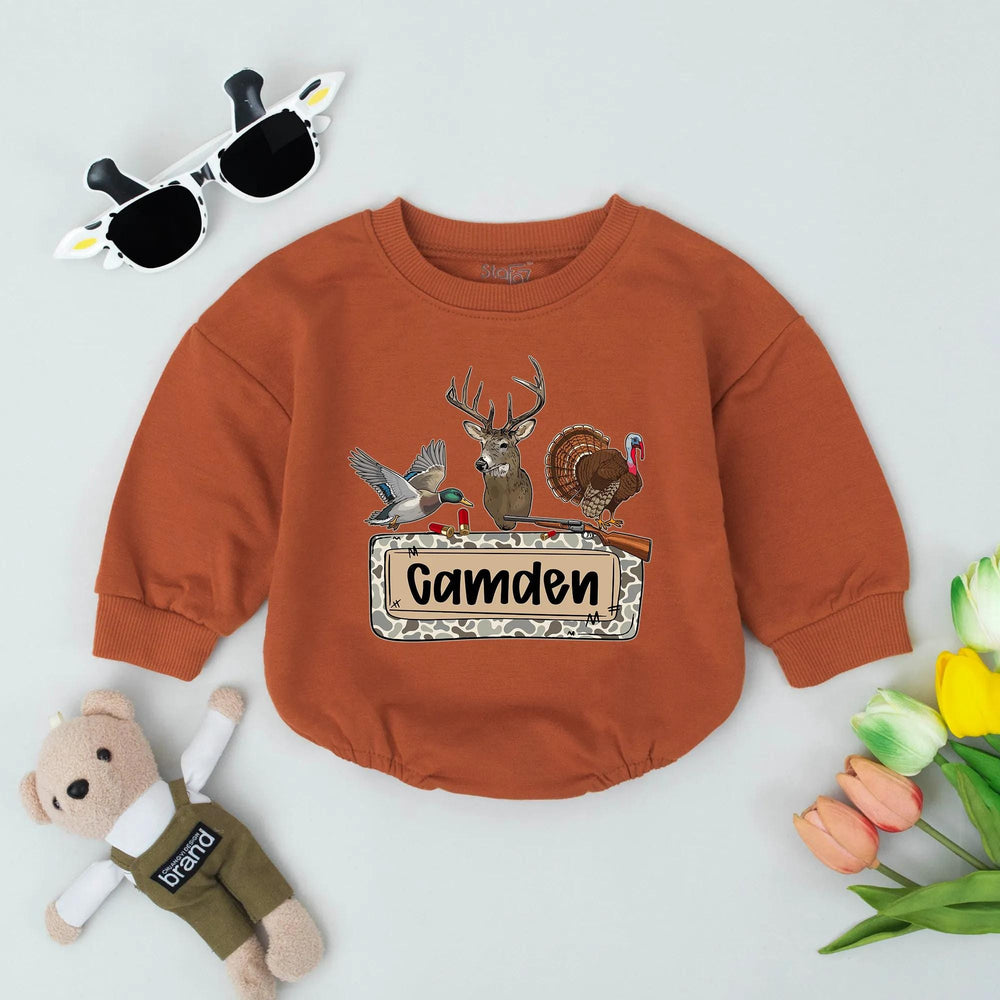 Personalized Camo Baby Romper with Deer Duck Turkey Design Hunting Outfit for Boys Soft Cotton Custom Name Outdoorsy Baby Gift