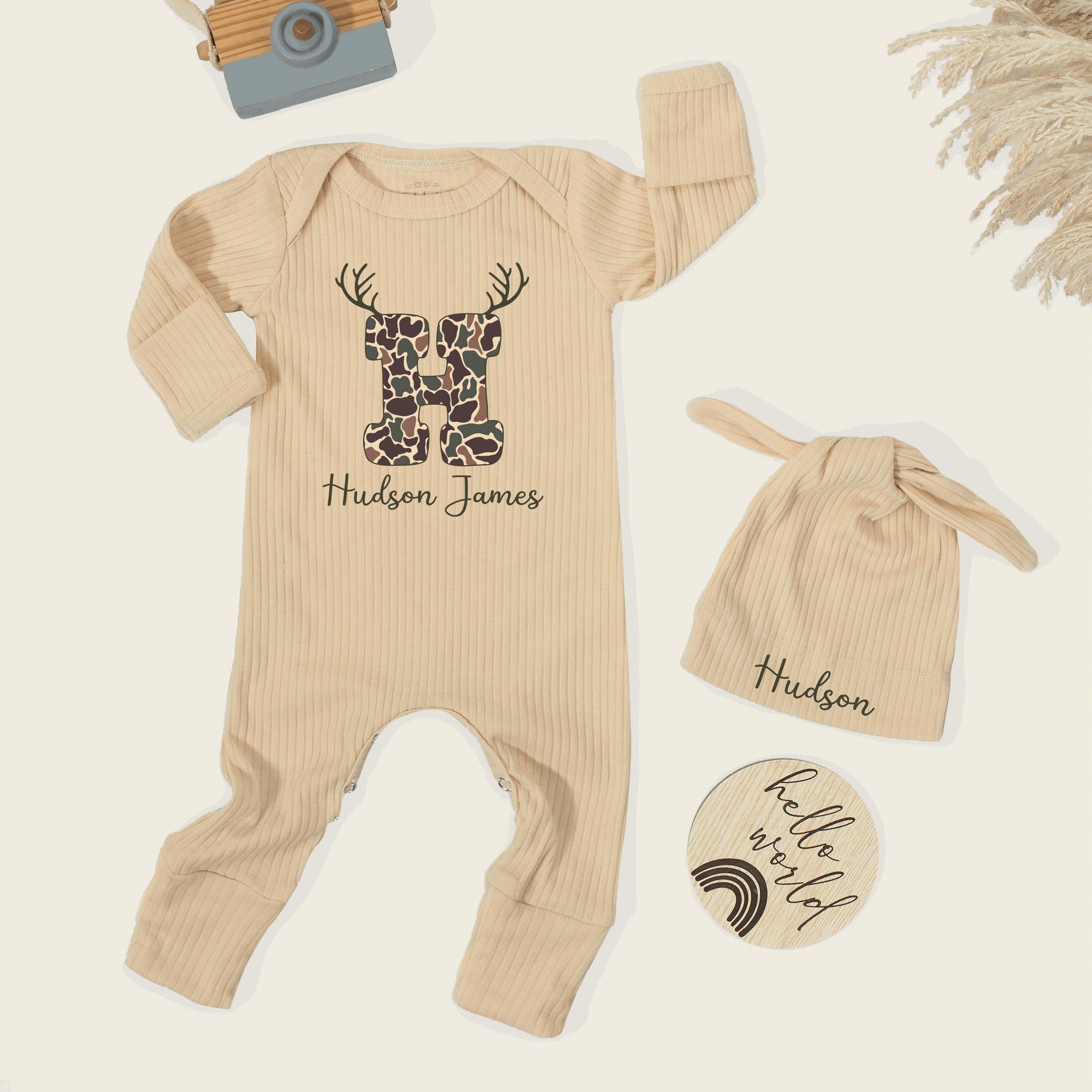 Personalized Camo Baby Romper and Hat with Name Hudson James Deer Antler Design Newborn Coming Home Outfit Hunting Baby Shower Gift