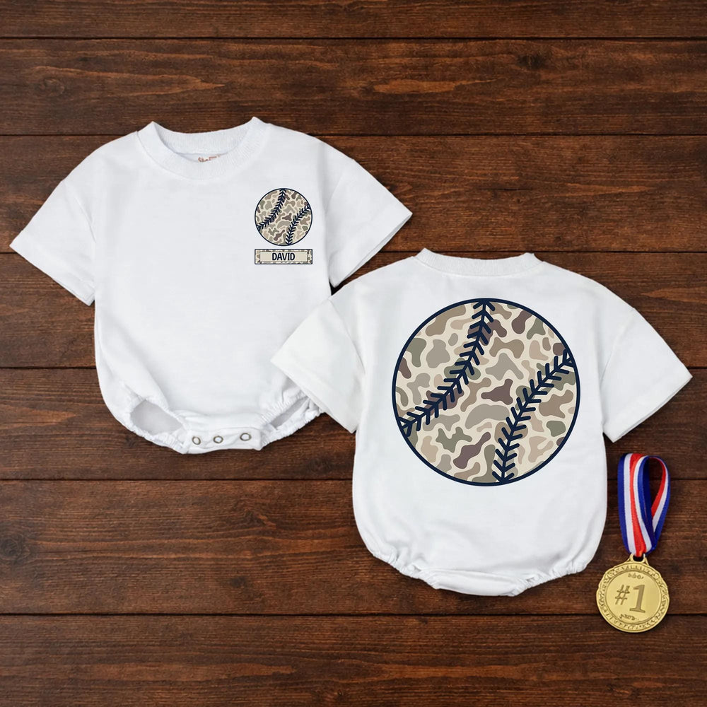Personalized Camo Baseball Baby Romper with Nameplate, Soft Cotton Outfit for Little Fans, Sporty Game Day Apparel for Boys or Girls
