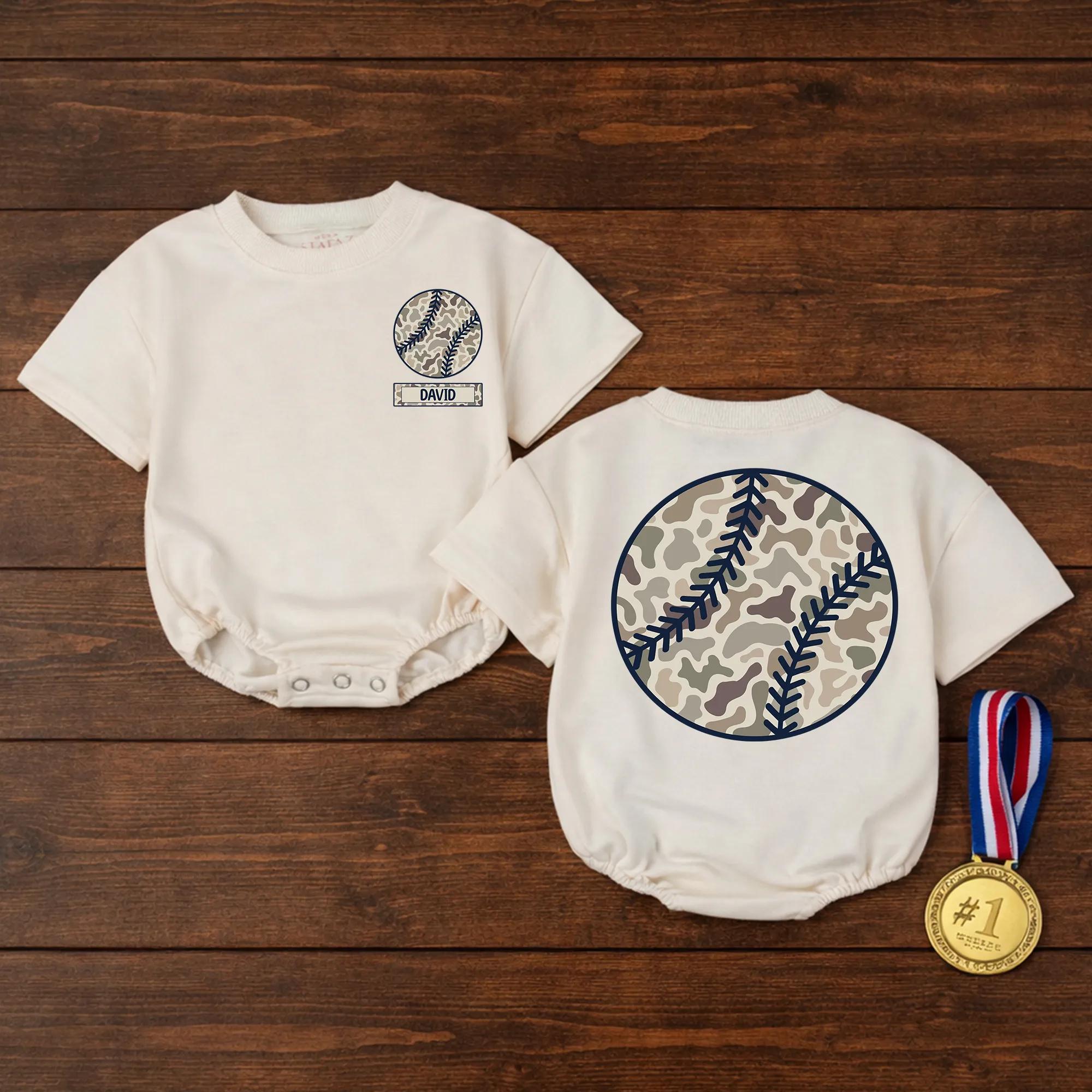 Personalized Camo Baseball Baby Romper with Nameplate, Soft Cotton Outfit for Little Fans, Sporty Game Day Apparel for Boys or Girls