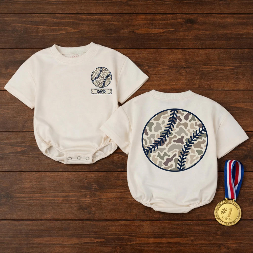 Personalized Camo Baseball Baby Romper with Nameplate, Soft Cotton Outfit for Little Fans, Sporty Game Day Apparel for Boys or Girls